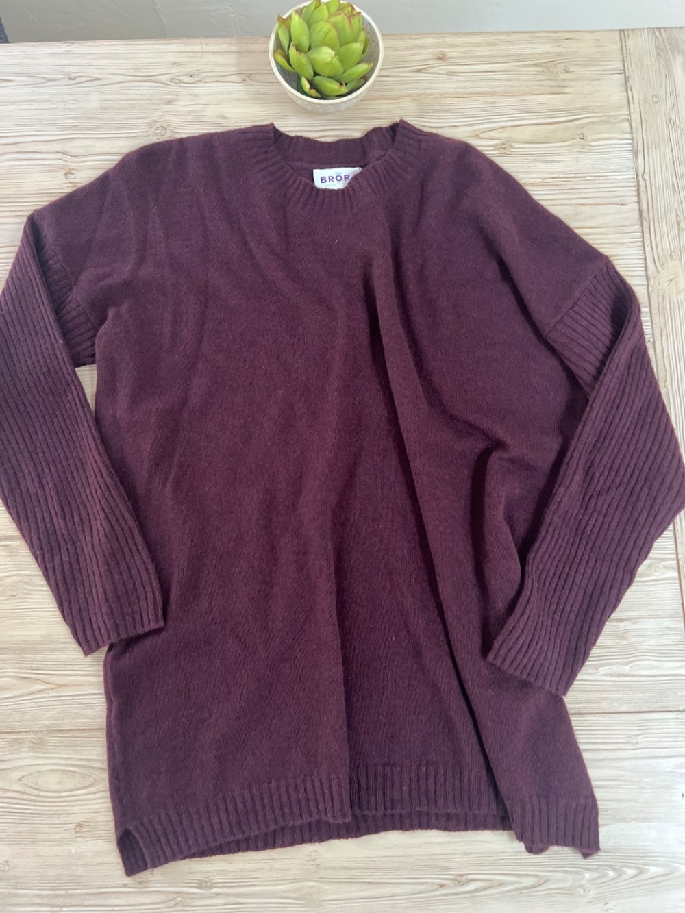 Brora 100% Cashmere Sweater XL Burgundy Wine Ribbed Sleeve Scottish Luxury